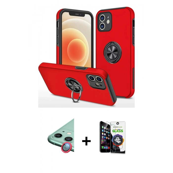MARSİLYAN™- iPhone 12 Mini Kılıf Odak Form Prime - Şeffaf Temperli Cam Ekran Koruyucu + Kırmızı Raze Metal Kamera Lens
