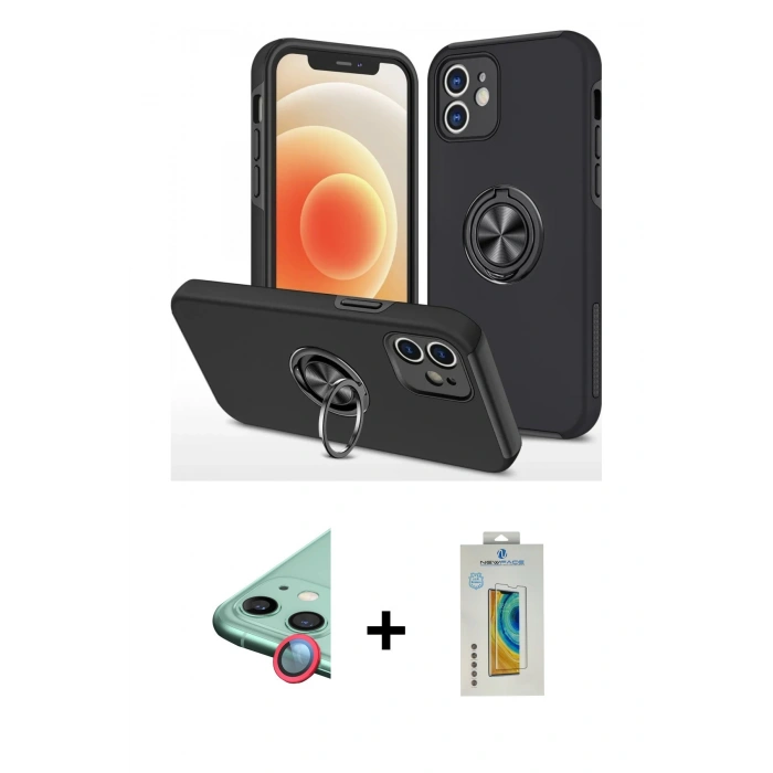 MARSİLYAN™- iPhone 12 Mini Kılıf Odak Form Prime - Siyah Polymer Nano Ekran Koruyucu + Raze Metal Kamera Lens - KI