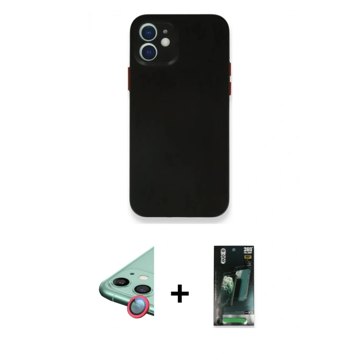 MARSİLYAN™- iPhone 12 Mini Kılıf Yadigar Yansıma Serisi - Şeffaf 360 Full Body Arka Koruyucu + Kırmızı Raze Metal Kamera Lens