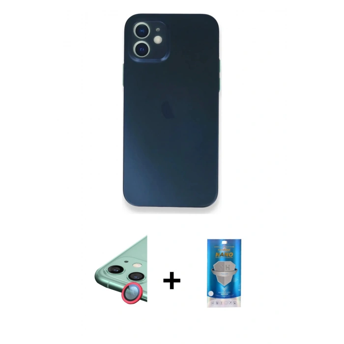 MARSİLYAN™- iPhone 12 Mini Kılıf Yadigar Yansıma Serisi - Şeffaf Royal Nano Ekran Koruyucu + Kırmızı Raze Metal Kamera Lens