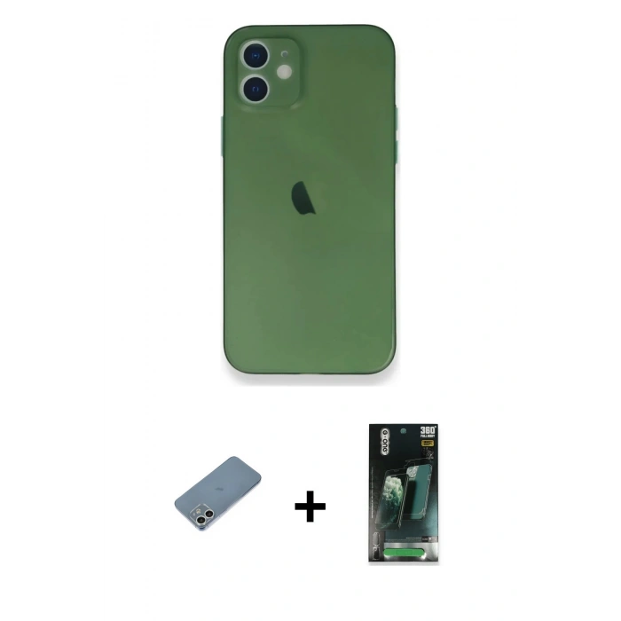 MARSİLYAN™- iPhone 12 Mini Kılıf Yadigar Yansıma Serisi - Siyah 360 Mat Full Body Arka Koruyucu + Shine Kamera Lens Koruma Cam - GS