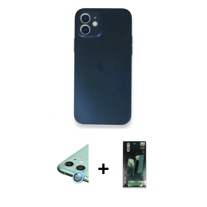 MARSİLYAN™- iPhone 12 Mini Kılıf Yadigar Yansıma Serisi - Siyah 360 Mat Full Body Arka Koruyucu + Raze Metal Kamera Lens - MI
