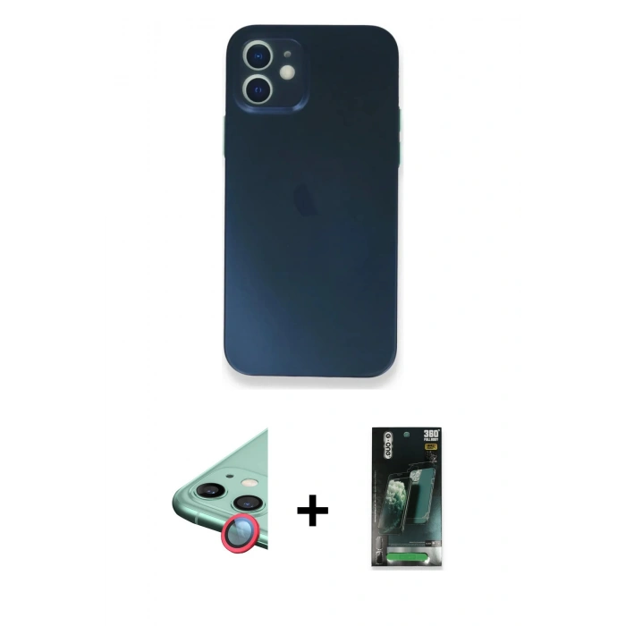 MARSİLYAN™- iPhone 12 Mini Kılıf Yadigar Yansıma Serisi - Siyah 360 Mat Full Body Arka Koruyucu + Raze Metal Kamera Lens - KI