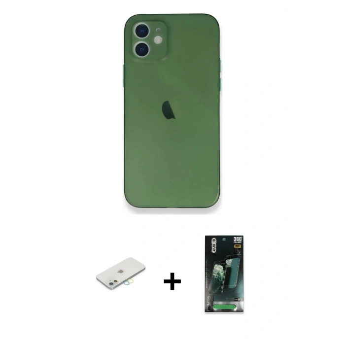 MARSİLYAN™- iPhone 12 Mini Kılıf Yadigar Yansıma Serisi - Siyah 360 Mat Full Body Arka Koruyucu + Renkli Kamera Lens Koruma Cam - SI