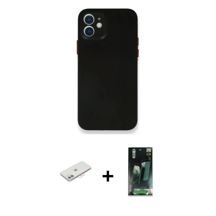 MARSİLYAN™- iPhone 12 Mini Kılıf Yadigar Yansıma Serisi - Siyah 360 Mat Full Body Arka Koruyucu + Renkli Kamera Lens Koruma Cam - PE