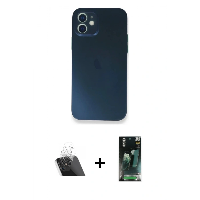 MARSİLYAN™- iPhone 12 Mini Kılıf Yadigar Yansıma Serisi - Siyah 360 Mat Full Body Arka Koruyucu + Şeffaf Kamera Lens Koruma Cam