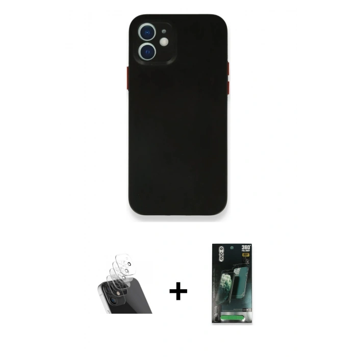 MARSİLYAN™- iPhone 12 Mini Kılıf Yadigar Yansıma Serisi - Siyah 360 Mat Full Body Arka Koruyucu + Şeffaf Kamera Lens Koruma Cam