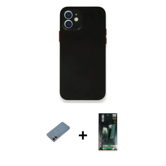 MARSİLYAN™- iPhone 12 Mini Kılıf Yadigar Yansıma Serisi - Siyah 360 Mat Full Body Arka Koruyucu + Shine Kamera Lens Koruma Cam - PE