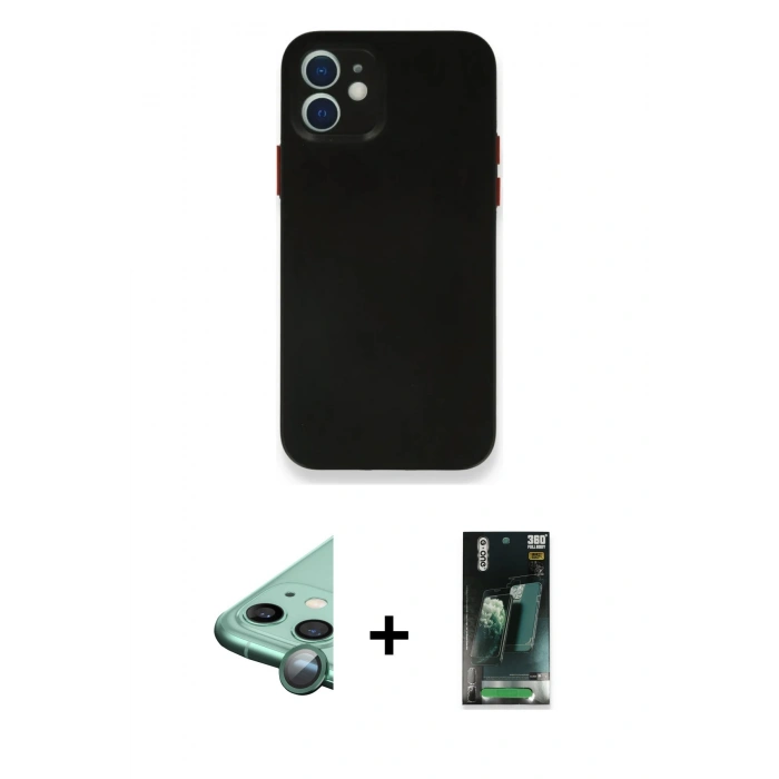 MARSİLYAN™- iPhone 12 Mini Kılıf Yadigar Yansıma Serisi - Siyah 360 Mat Full Body Arka Koruyucu + Raze Metal Kamera Lens - YL
