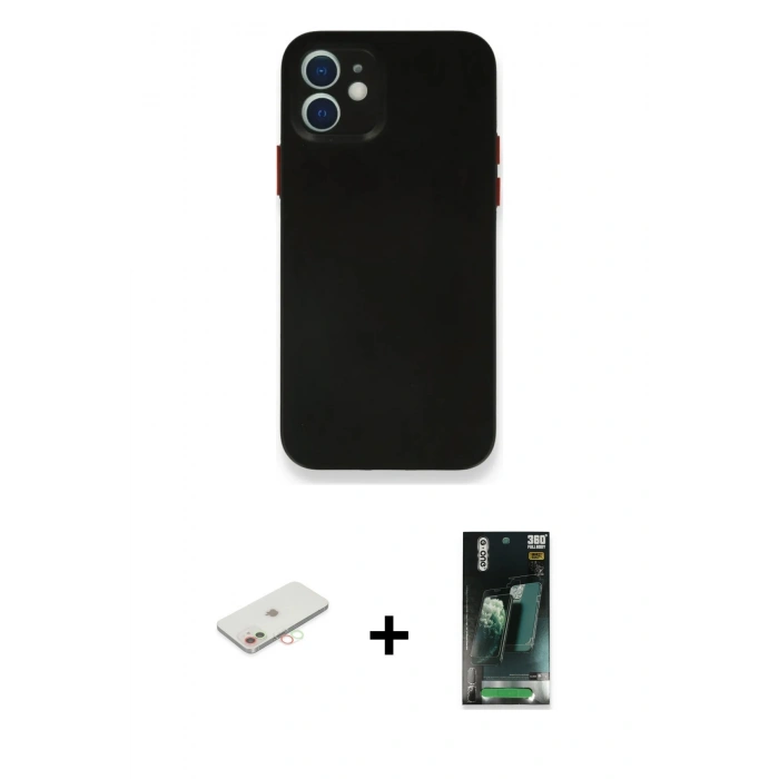 MARSİLYAN™- iPhone 12 Mini Kılıf Yadigar Yansıma Serisi - Siyah 360 Mat Full Body Arka Koruyucu + Renkli Kamera Lens Koruma Cam - YL