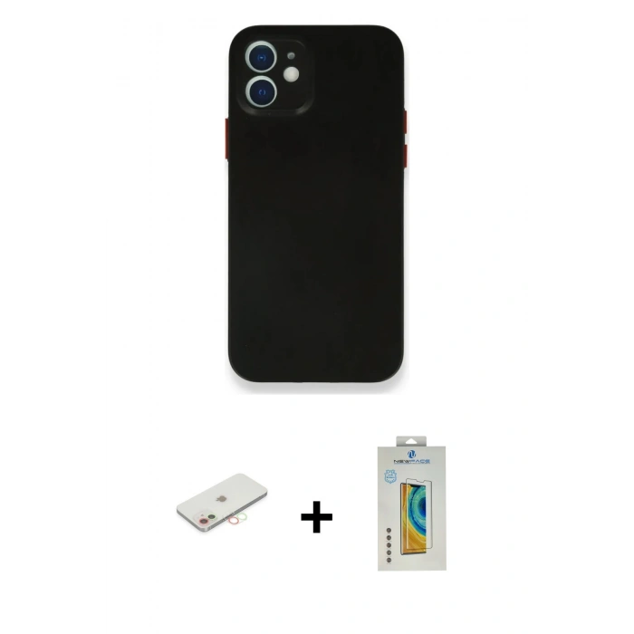 MARSİLYAN™- iPhone 12 Mini Kılıf Yadigar Yansıma Serisi - Siyah Polymer Nano Ekran Koruyucu + Renkli Kamera Lens Koruma Cam - YL
