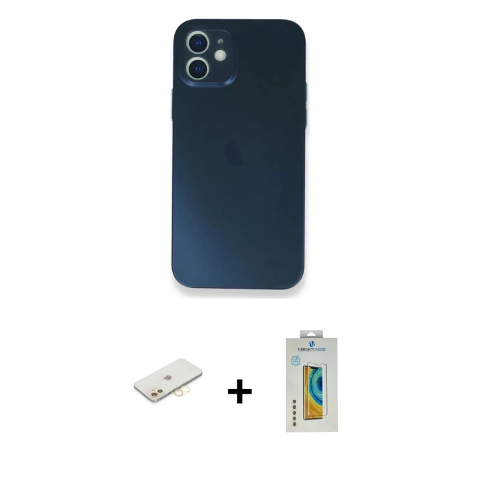 MARSİLYAN™- iPhone 12 Mini Kılıf Yadigar Yansıma Serisi - Siyah Polymer Nano Ekran Koruyucu + Sarı Renkli Kamera Lens Koruma Cam