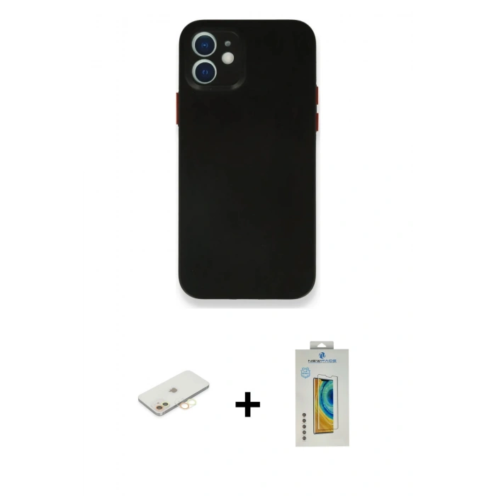 MARSİLYAN™- iPhone 12 Mini Kılıf Yadigar Yansıma Serisi - Siyah Polymer Nano Ekran Koruyucu + Sarı Renkli Kamera Lens Koruma Cam