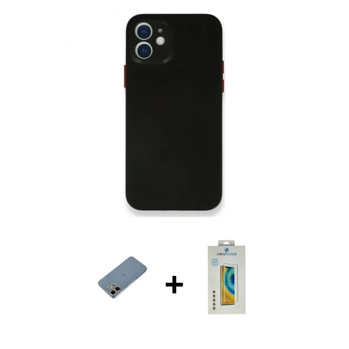 MARSİLYAN™- iPhone 12 Mini Kılıf Yadigar Yansıma Serisi - Siyah Polymer Nano Ekran Koruyucu + Shine Kamera Lens Koruma Cam - GD