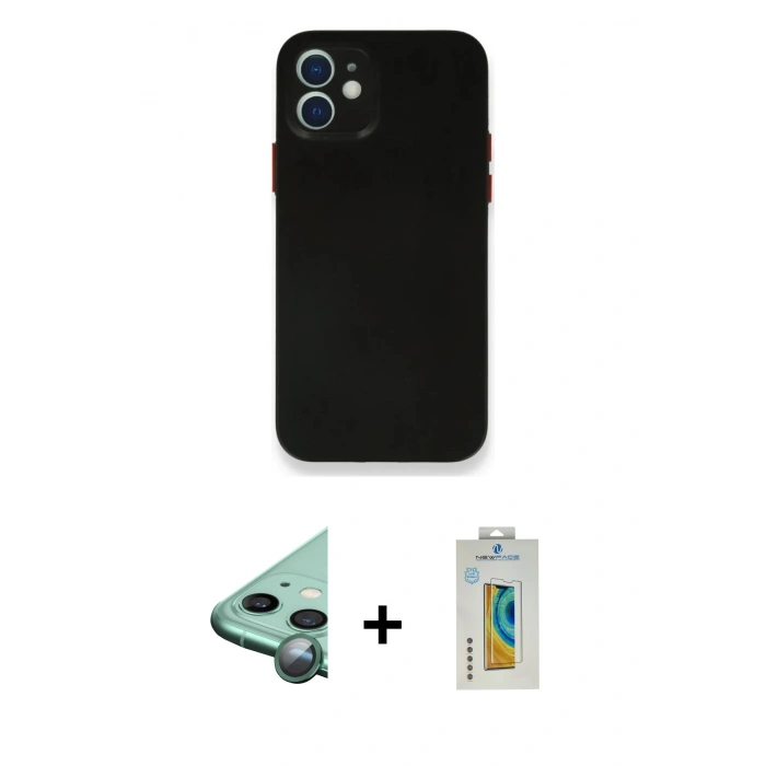 MARSİLYAN™- iPhone 12 Mini Kılıf Yadigar Yansıma Serisi - Siyah Polymer Nano Ekran Koruyucu + Raze Metal Kamera Lens - YL