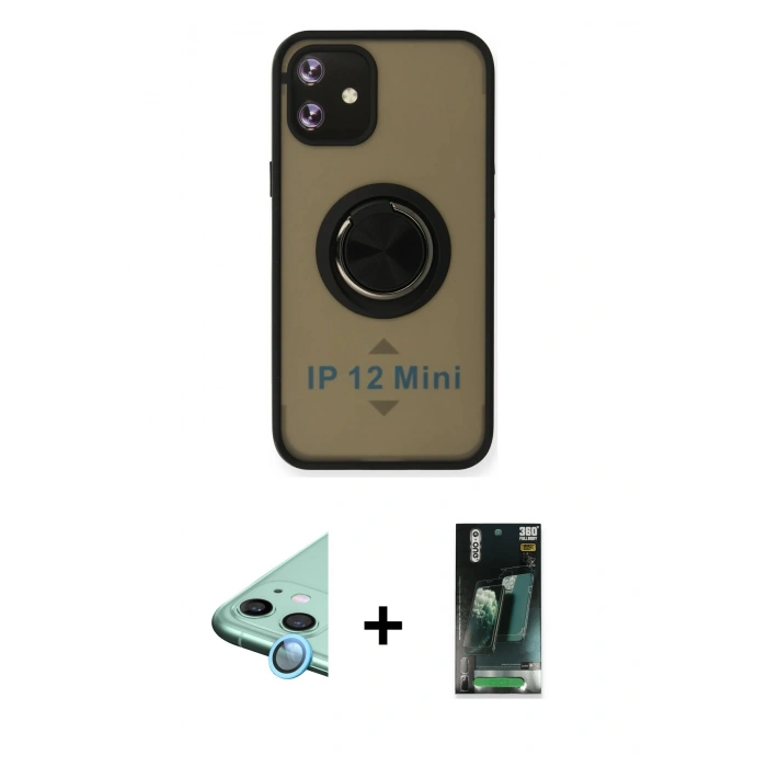 MARSİLYAN™- iPhone 12 Mini Kılıf Yörünge Çizgi - Şeffaf 360 Full Body Arka Koruyucu + Raze Metal Kamera Lens - MI