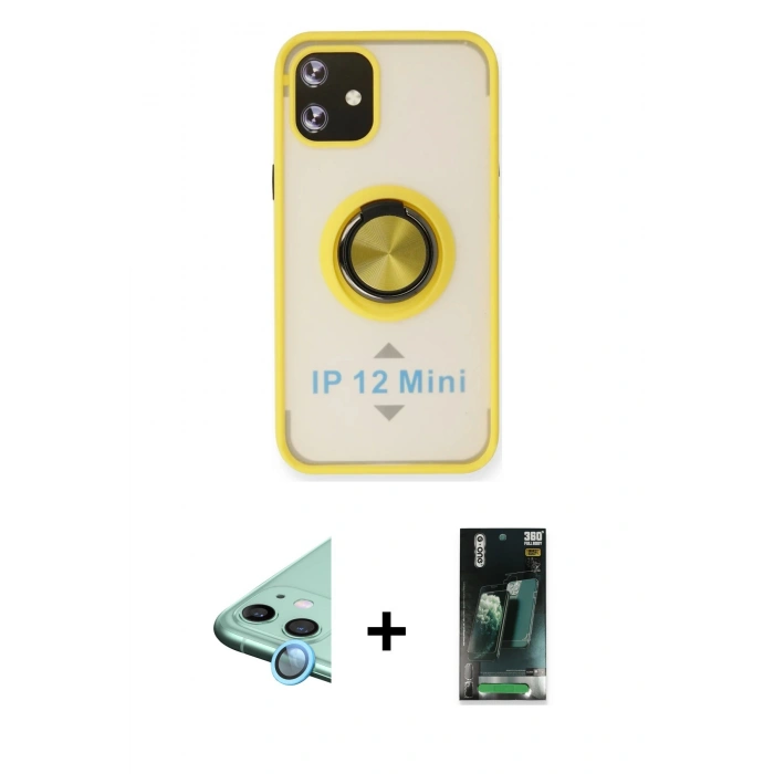 MARSİLYAN™- iPhone 12 Mini Kılıf Yörünge Çizgi - Şeffaf 360 Full Body Arka Koruyucu + Raze Metal Kamera Lens - MI