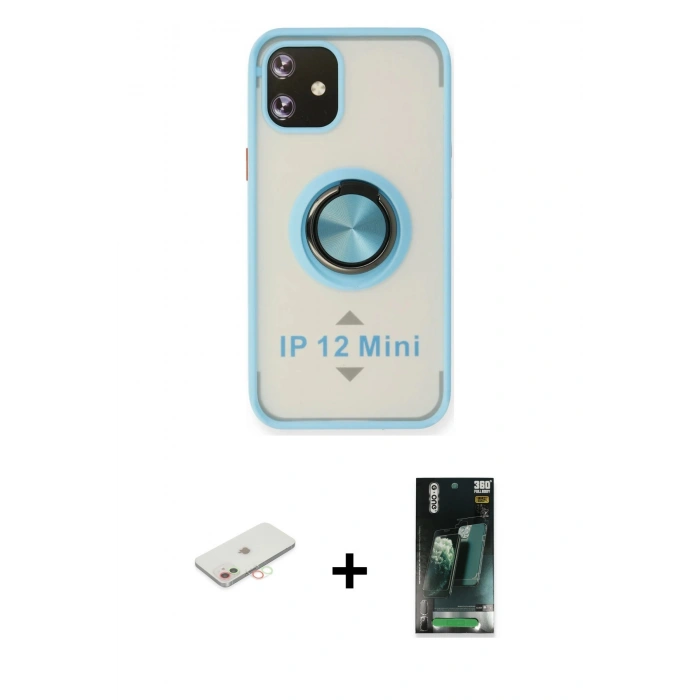 MARSİLYAN™- iPhone 12 Mini Kılıf Yörünge Çizgi - Şeffaf 360 Full Body Arka Koruyucu + Renkli Kamera Lens Koruma Cam - YL
