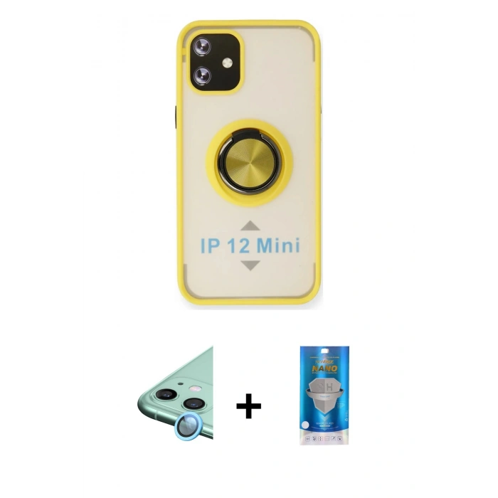 MARSİLYAN™- iPhone 12 Mini Kılıf Yörünge Çizgi - Şeffaf Royal Nano Ekran Koruyucu + Raze Metal Kamera Lens - MI