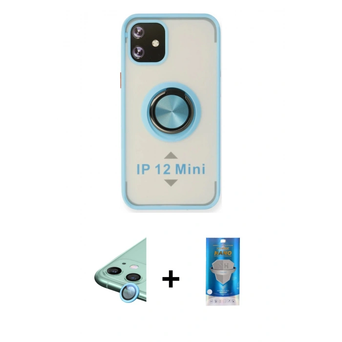 MARSİLYAN™- iPhone 12 Mini Kılıf Yörünge Çizgi - Şeffaf Royal Nano Ekran Koruyucu + Raze Metal Kamera Lens - MI