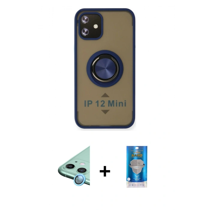 MARSİLYAN™- iPhone 12 Mini Kılıf Yörünge Çizgi - Şeffaf Royal Nano Ekran Koruyucu + Raze Metal Kamera Lens - MI