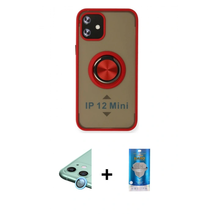MARSİLYAN™- iPhone 12 Mini Kılıf Yörünge Çizgi - Şeffaf Royal Nano Ekran Koruyucu + Raze Metal Kamera Lens - MI