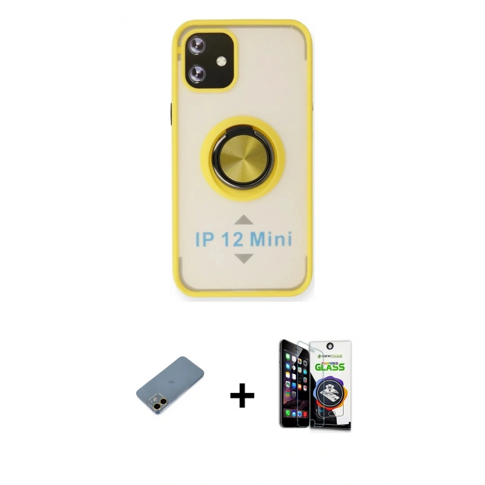 MARSİLYAN™- iPhone 12 Mini Kılıf Yörünge Çizgi - Şeffaf Temperli Cam Ekran Koruyucu + Shine Kamera Lens Koruma Cam - GD