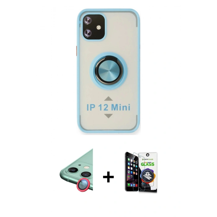 MARSİLYAN™- iPhone 12 Mini Kılıf Yörünge Çizgi - Şeffaf Temperli Cam Ekran Koruyucu + Raze Metal Kamera Lens - KI