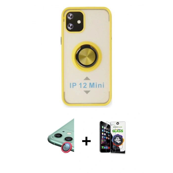 MARSİLYAN™- iPhone 12 Mini Kılıf Yörünge Çizgi - Şeffaf Temperli Cam Ekran Koruyucu + Raze Metal Kamera Lens - KI