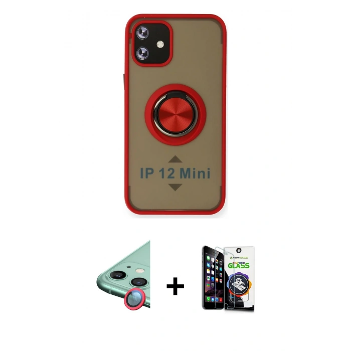 MARSİLYAN™- iPhone 12 Mini Kılıf Yörünge Çizgi - Şeffaf Temperli Cam Ekran Koruyucu + Raze Metal Kamera Lens - KI