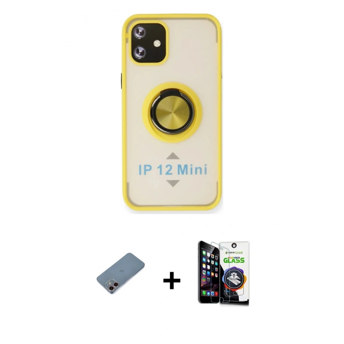MARSİLYAN™- iPhone 12 Mini Kılıf Yörünge Çizgi - Şeffaf Temperli Cam Ekran Koruyucu + Shine Kamera Lens Koruma Cam - PE