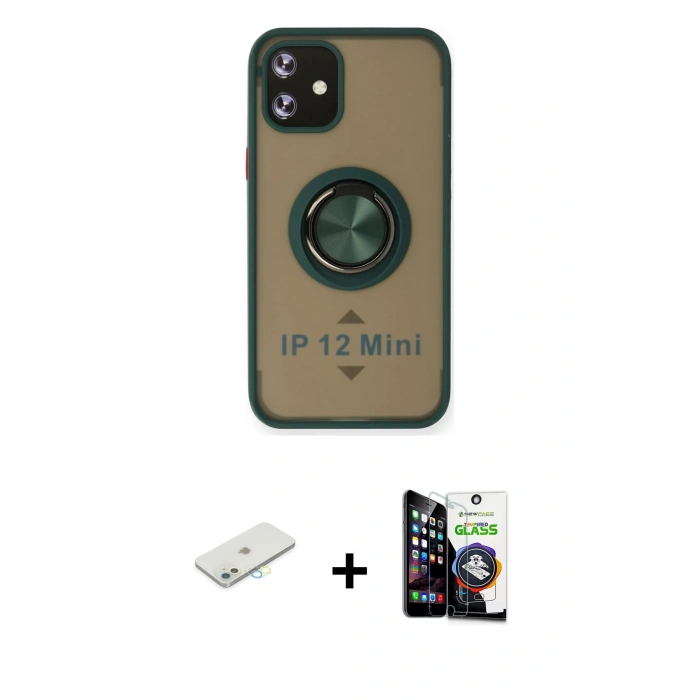 MARSİLYAN™- iPhone 12 Mini Kılıf Yörünge Çizgi - Şeffaf Temperli Cam Ekran Koruyucu + Renkli Kamera Lens Koruma Cam - SI