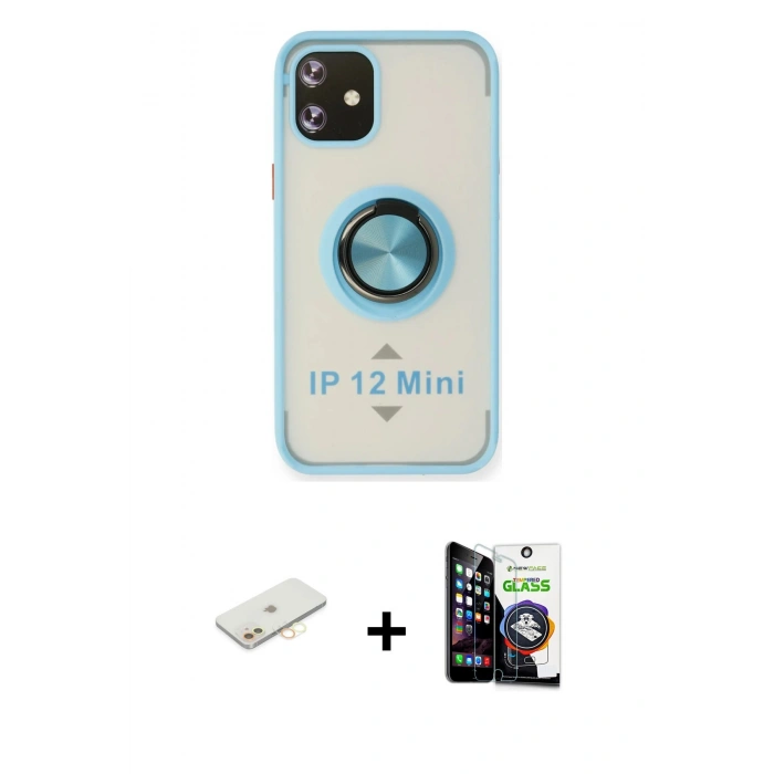 MARSİLYAN™- iPhone 12 Mini Kılıf Yörünge Çizgi - Şeffaf Temperli Cam Ekran Koruyucu + Renkli Kamera Lens Koruma Cam - SI