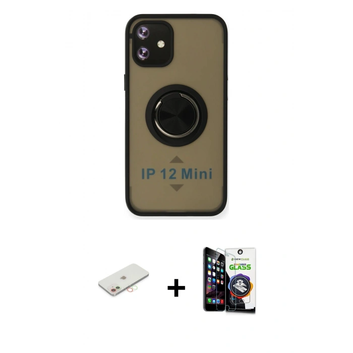 MARSİLYAN™- iPhone 12 Mini Kılıf Yörünge Çizgi - Şeffaf Temperli Cam Ekran Koruyucu + Renkli Kamera Lens Koruma Cam - YL