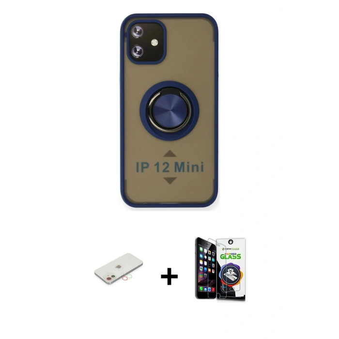 MARSİLYAN™- iPhone 12 Mini Kılıf Yörünge Çizgi - Şeffaf Temperli Cam Ekran Koruyucu + Renkli Kamera Lens Koruma Cam - YL