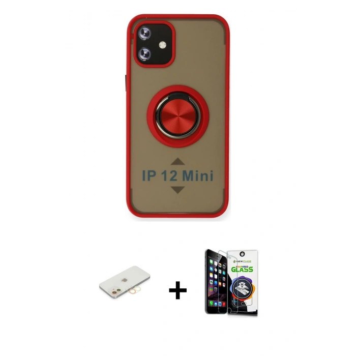 MARSİLYAN™- iPhone 12 Mini Kılıf Yörünge Çizgi - Şeffaf Temperli Cam Ekran Koruyucu + Renkli Kamera Lens Koruma Cam - SI
