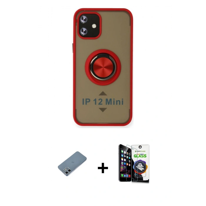 MARSİLYAN™- iPhone 12 Mini Kılıf Yörünge Çizgi - Şeffaf Temperli Cam Ekran Koruyucu + Shine Kamera Lens Koruma Cam - SABE