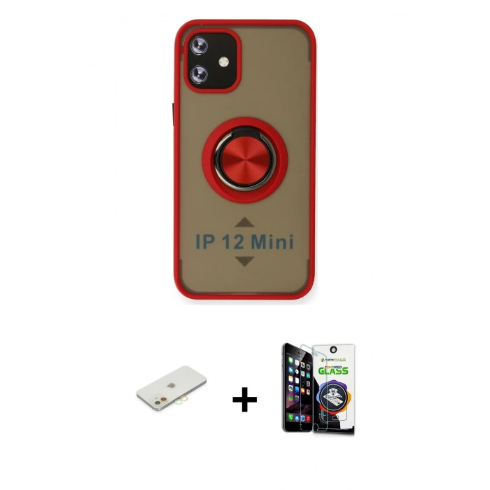 MARSİLYAN™- iPhone 12 Mini Kılıf Yörünge Çizgi - Şeffaf Temperli Cam Ekran Koruyucu + Turuncu Renkli Kamera Lens Koruma Cam