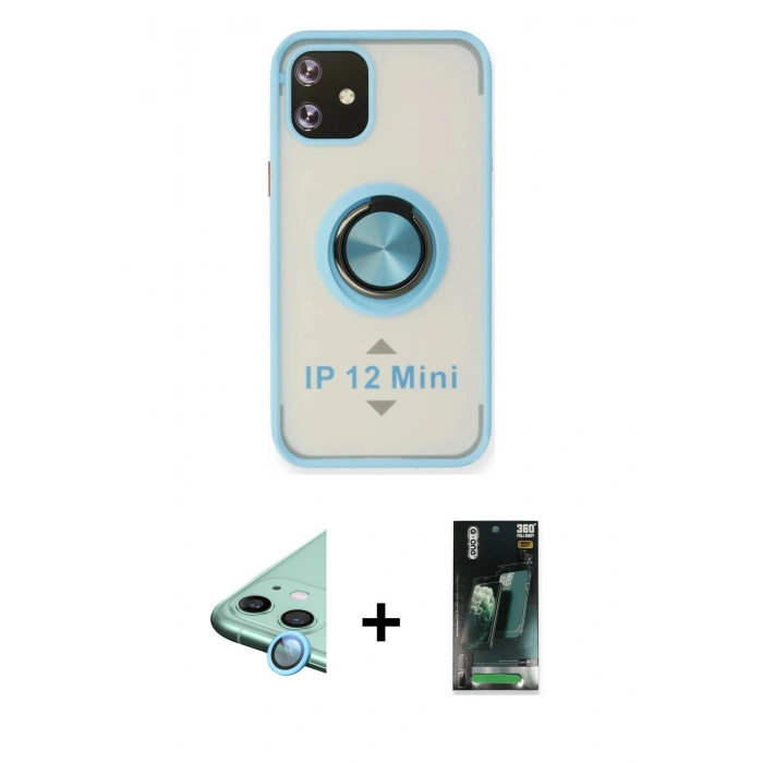 MARSİLYAN™- iPhone 12 Mini Kılıf Yörünge Çizgi - Siyah 360 Mat Full Body Arka Koruyucu + Raze Metal Kamera Lens - MI