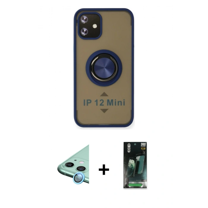 MARSİLYAN™- iPhone 12 Mini Kılıf Yörünge Çizgi - Siyah 360 Mat Full Body Arka Koruyucu + Raze Metal Kamera Lens - MI