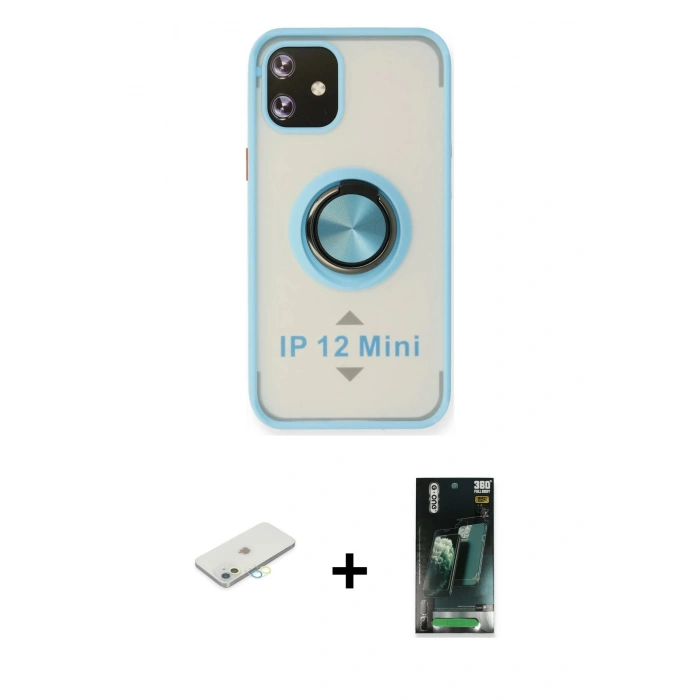 MARSİLYAN™- iPhone 12 Mini Kılıf Yörünge Çizgi - Siyah 360 Mat Full Body Arka Koruyucu + Renkli Kamera Lens Koruma Cam - SI