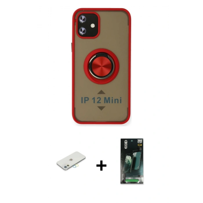 MARSİLYAN™- iPhone 12 Mini Kılıf Yörünge Çizgi - Siyah 360 Mat Full Body Arka Koruyucu + Renkli Kamera Lens Koruma Cam - SI