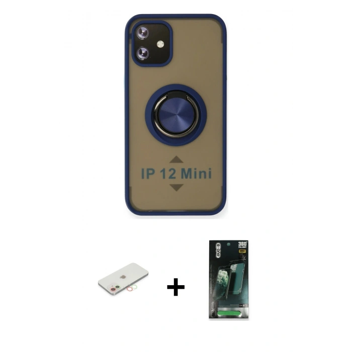MARSİLYAN™- iPhone 12 Mini Kılıf Yörünge Çizgi - Siyah 360 Mat Full Body Arka Koruyucu + Renkli Kamera Lens Koruma Cam - YL