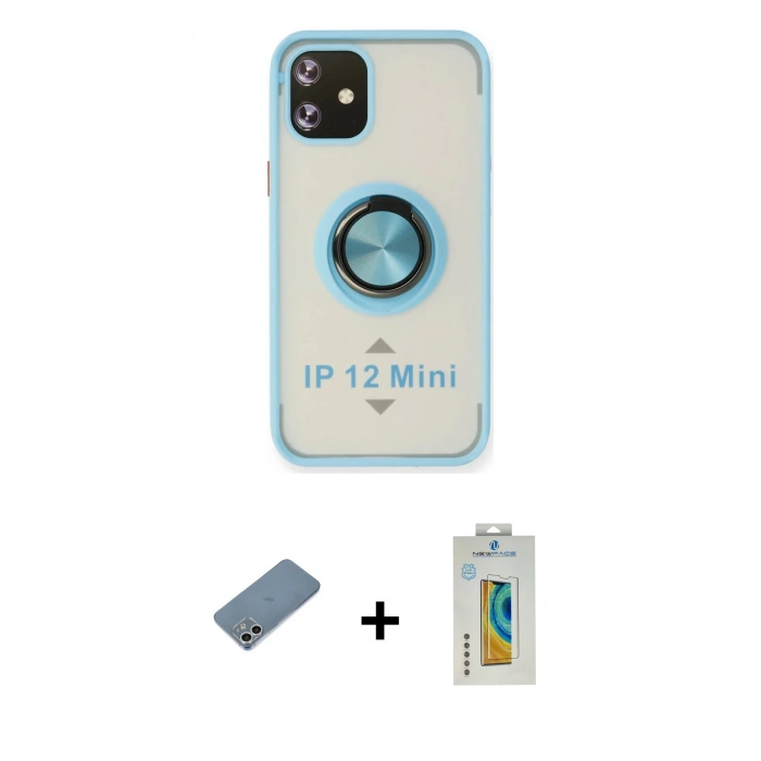 MARSİLYAN™- iPhone 12 Mini Kılıf Yörünge Çizgi - Siyah Polymer Nano Ekran Koruyucu + Shine Kamera Lens Koruma Cam - GS