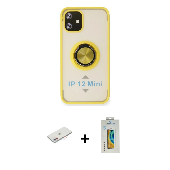 MARSİLYAN™- iPhone 12 Mini Kılıf Yörünge Çizgi - Siyah Polymer Nano Ekran Koruyucu + Renkli Kamera Lens Koruma Cam - PE