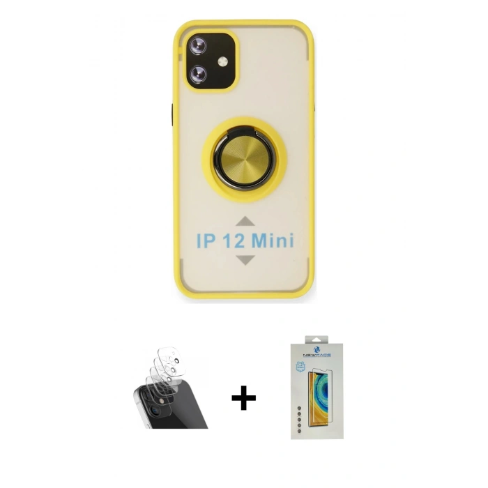 MARSİLYAN™- iPhone 12 Mini Kılıf Yörünge Çizgi - Siyah Polymer Nano Ekran Koruyucu + Kamera Lens Koruma Cam - SF