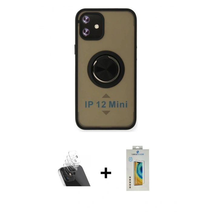 MARSİLYAN™- iPhone 12 Mini Kılıf Yörünge Çizgi - Siyah Polymer Nano Ekran Koruyucu + Kamera Lens Koruma Cam - SF