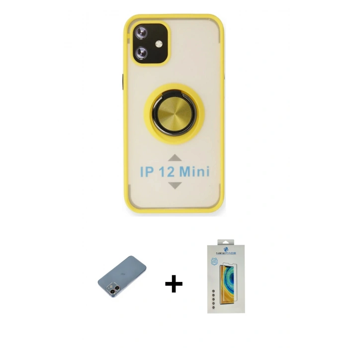 MARSİLYAN™- iPhone 12 Mini Kılıf Yörünge Çizgi - Siyah Polymer Nano Ekran Koruyucu + Shine Kamera Lens Koruma Cam - GI