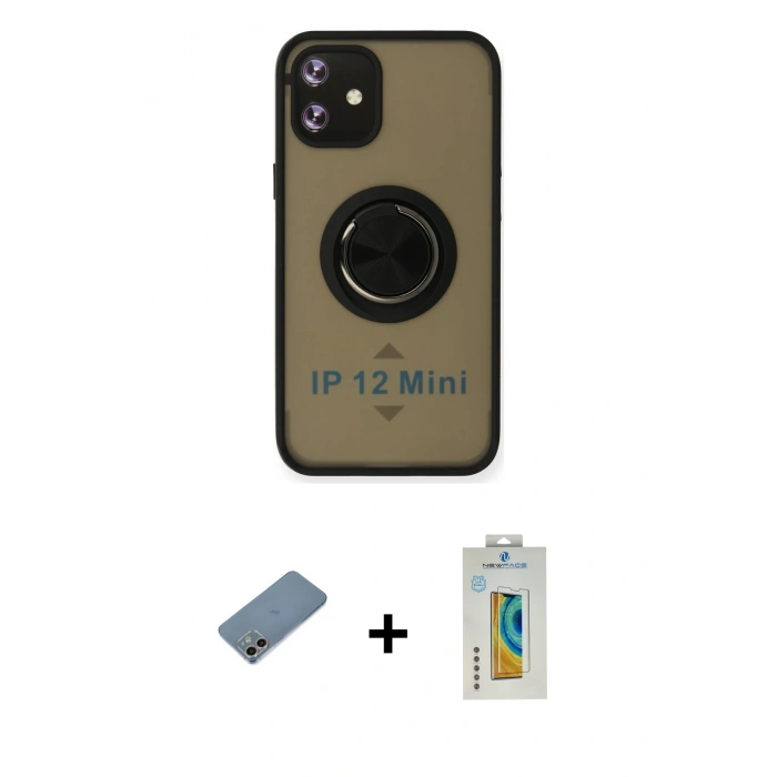 MARSİLYAN™- iPhone 12 Mini Kılıf Yörünge Çizgi - Siyah Polymer Nano Ekran Koruyucu + Shine Kamera Lens Koruma Cam - GI