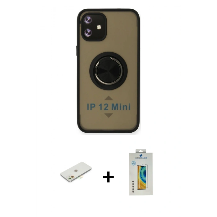 MARSİLYAN™- iPhone 12 Mini Kılıf Yörünge Çizgi - Siyah Polymer Nano Ekran Koruyucu + Renkli Kamera Lens Koruma Cam - TU